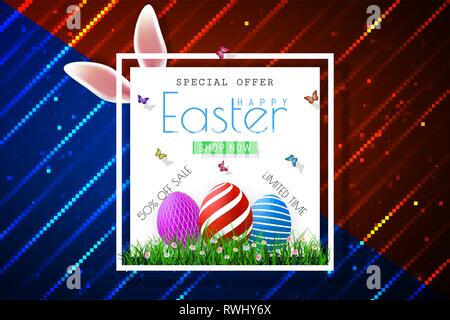 Happy Easter sale banners with realistic Easter rabbir`s ears, vector. Stock Vector